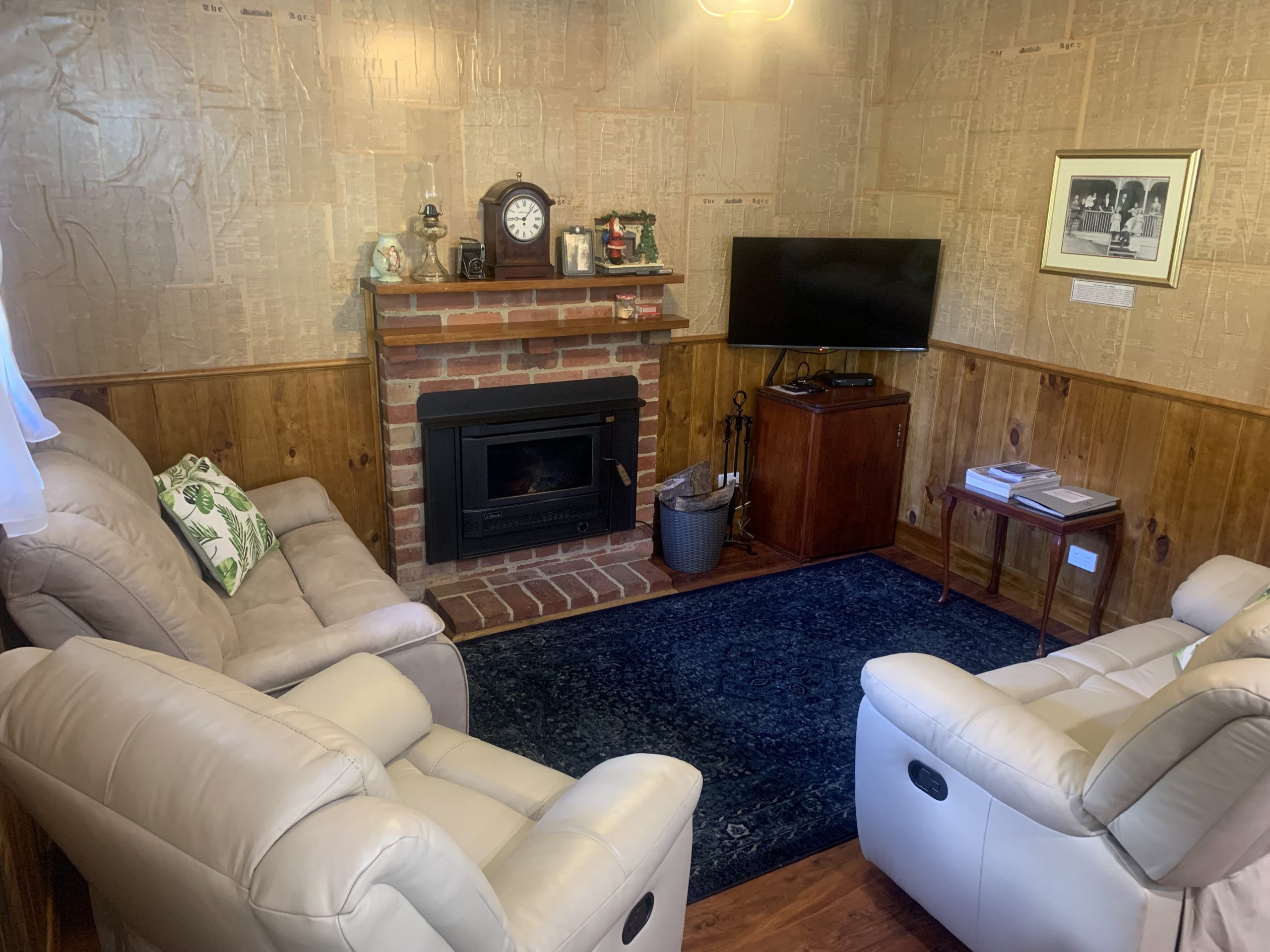 Lounge area with wood fire.